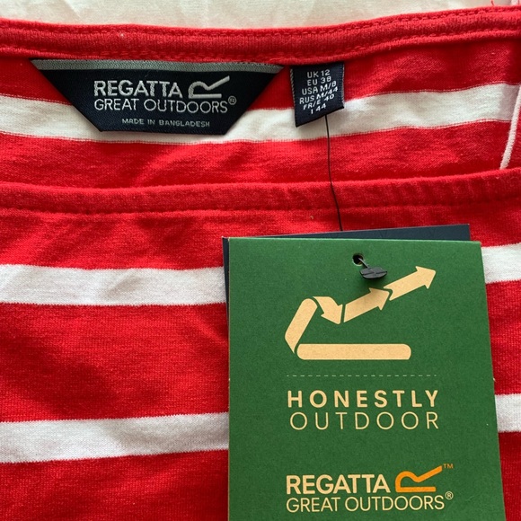 Red stripped 3/4 length boat neck top . 100% cotton . - Picture 2 of 8